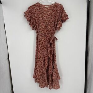 Max Studio Wrap Dress Womens Medium Orange Floral High Low Ruffle Sleeve
